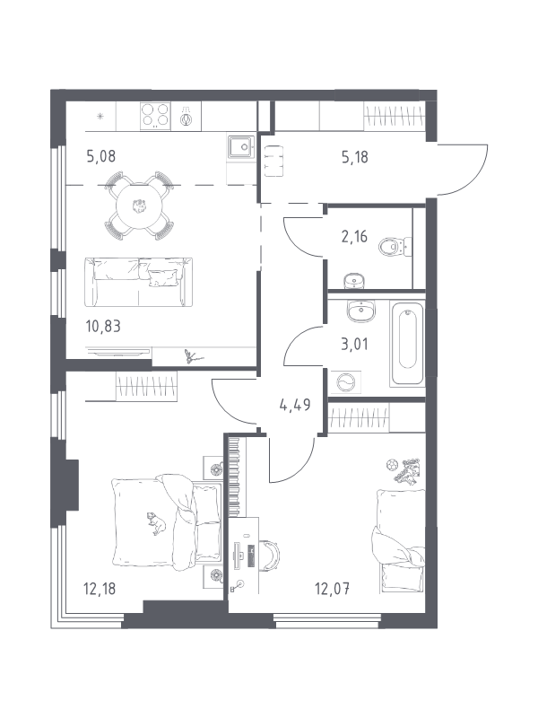 3 ккв (Евро) 55 м²