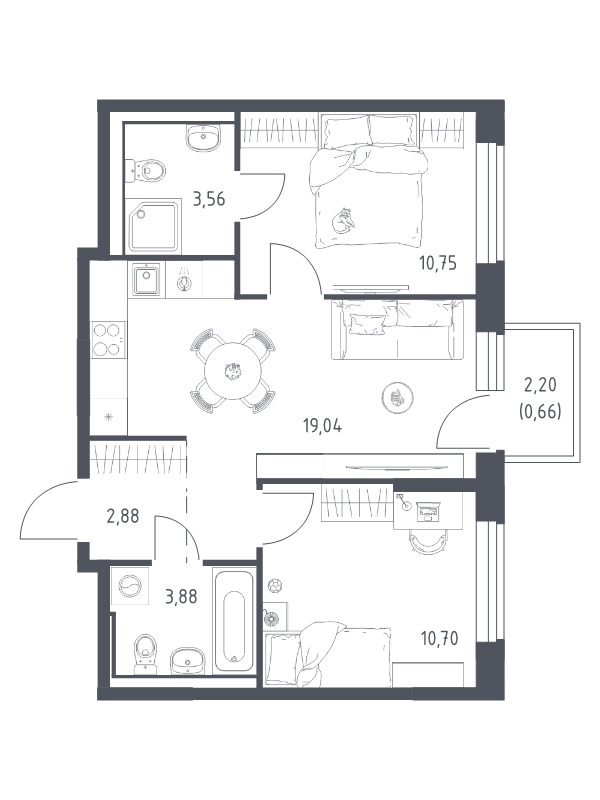 3 ккв (Евро) 51,5 м²