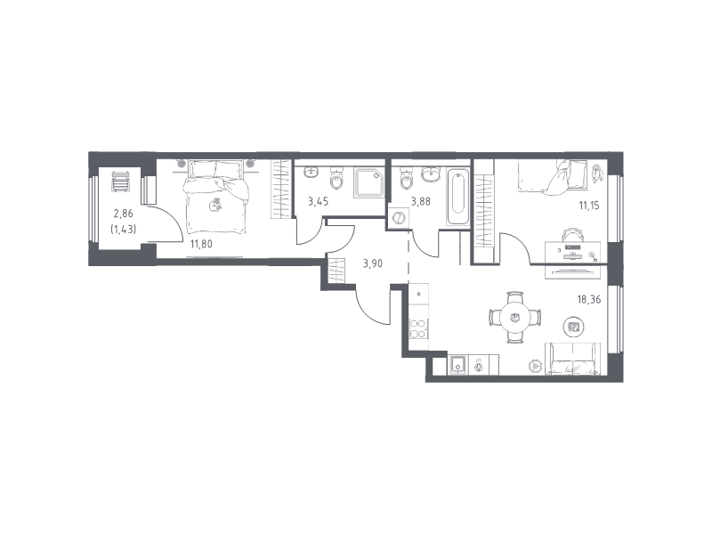 3 ккв (Евро) 54 м²