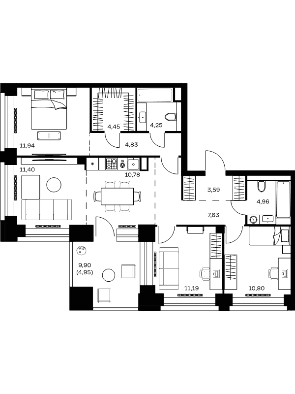 4 ккв (Евро) 90,8 м²