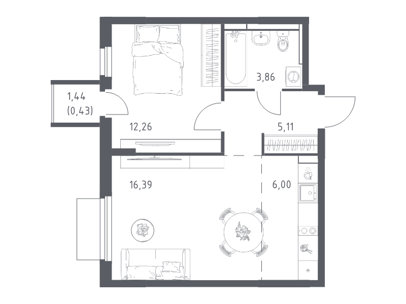 2 ккв (Евро) 44,1 м²