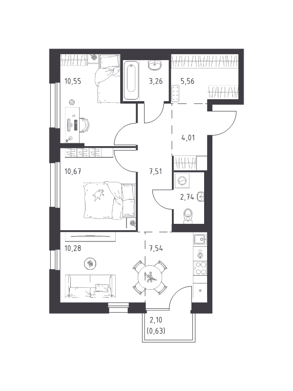 3 ккв (Евро) 62,8 м²