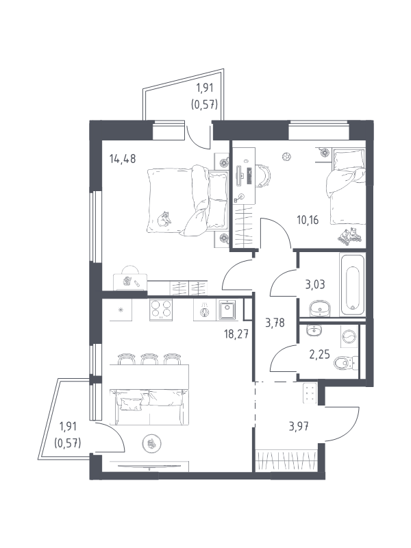 3 ккв (Евро) 57,1 м²