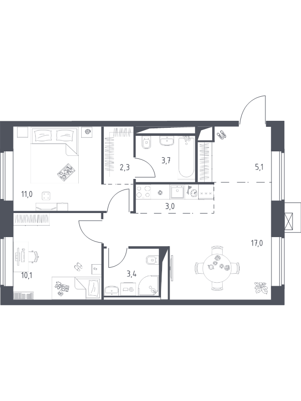 3 ккв (Евро) 55,6 м²