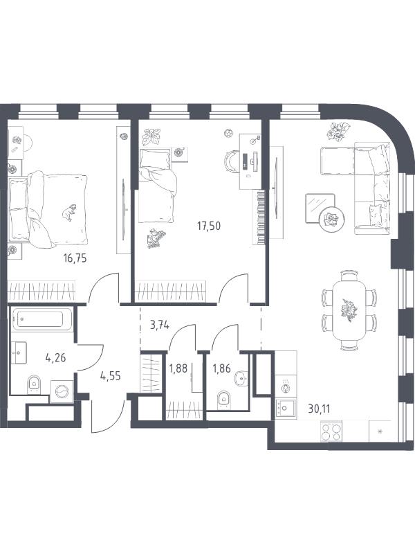 3 ккв (Евро) 80,7 м²
