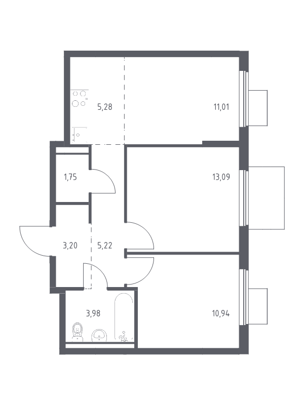 3 ккв (Евро) 54,5 м²