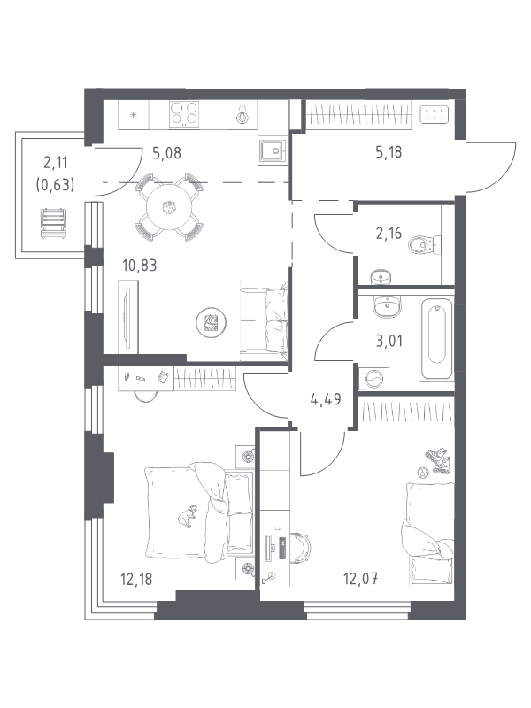 3 ккв (Евро) 55,6 м²
