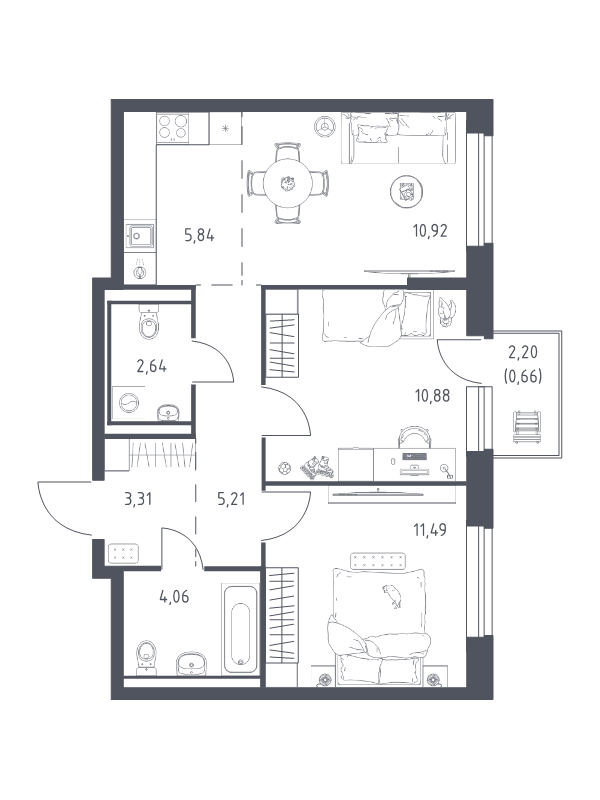 3 ккв (Евро) 55 м²