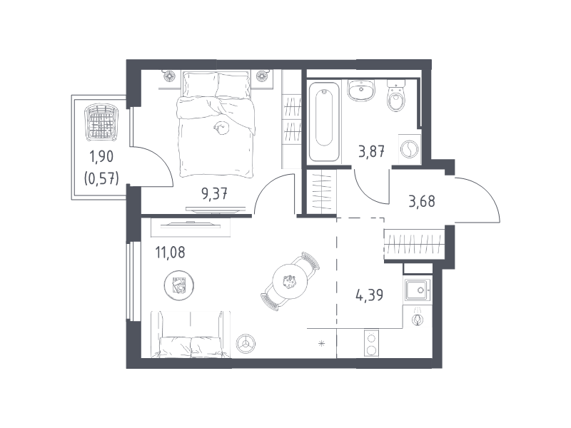 2 ккв (Евро) 33 м²
