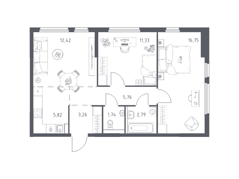 3 ккв (Евро) 59,9 м²