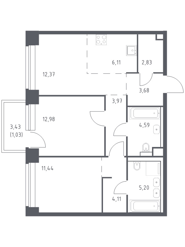 3 ккв (Евро) 68,3 м²