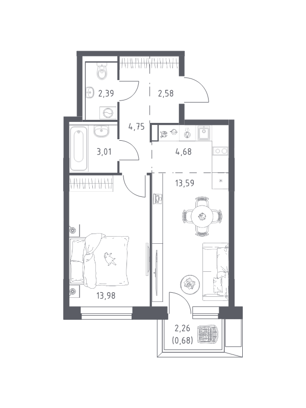 2 ккв (Евро) 45,7 м²