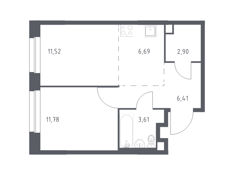 2 ккв (Евро) 42,9 м²