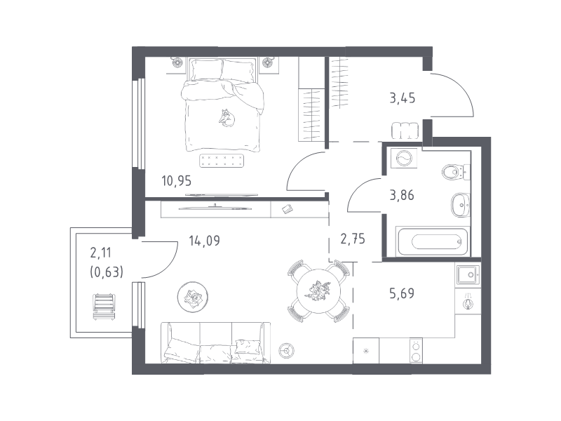 2 ккв (Евро) 41,4 м²