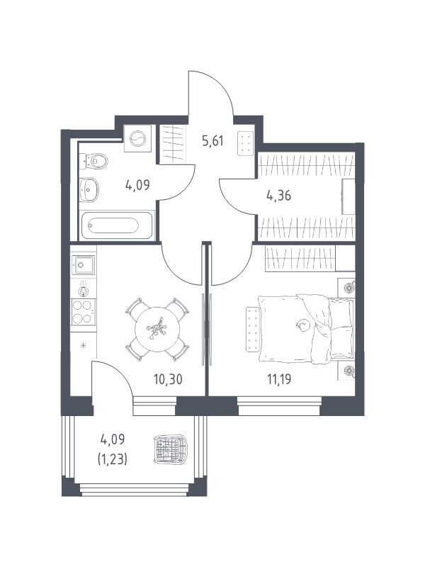 1 ккв 36,8 м²