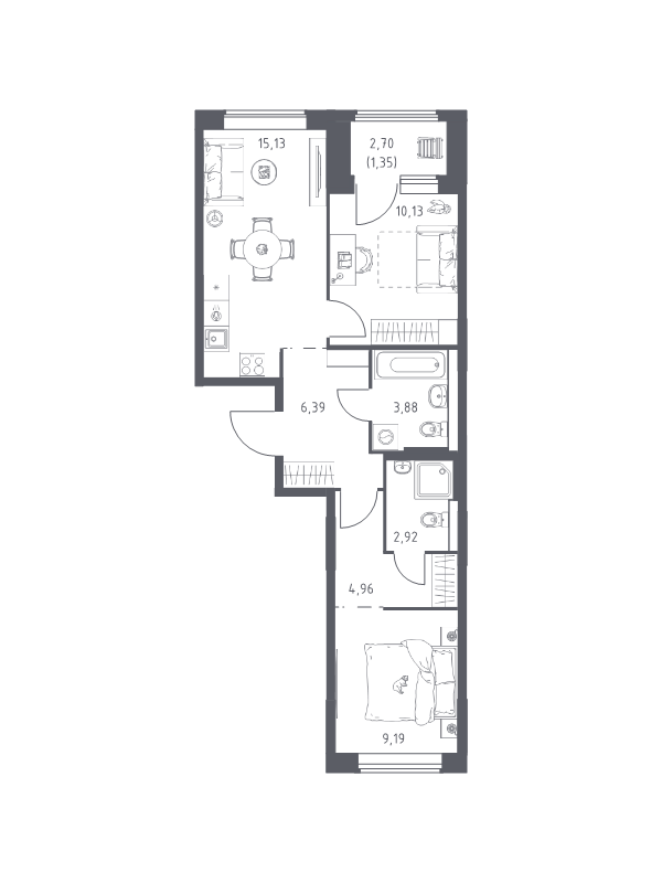 3 ккв (Евро) 54 м²