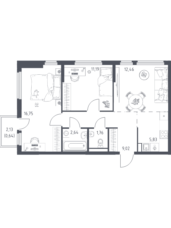 3 ккв (Евро) 60,3 м²