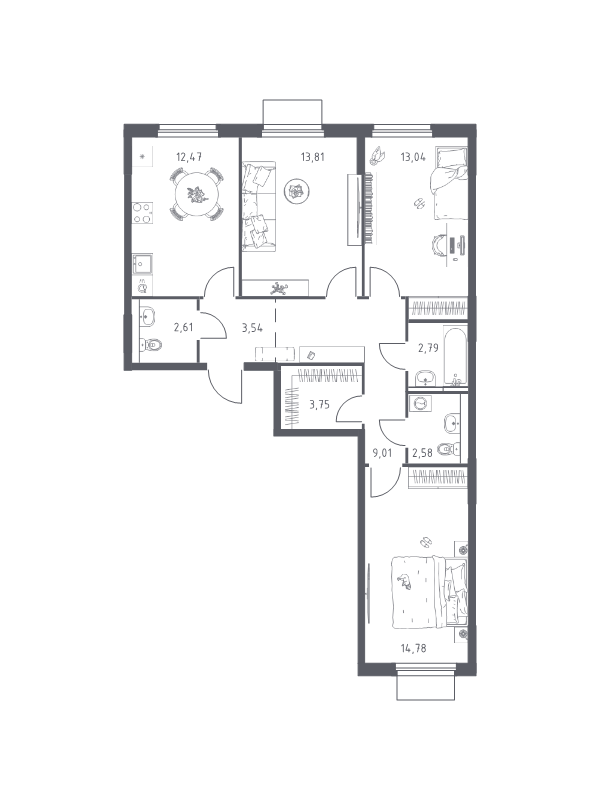 3 ккв 78,4 м²