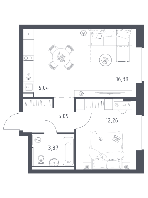 2 ккв (Евро) 43,7 м²