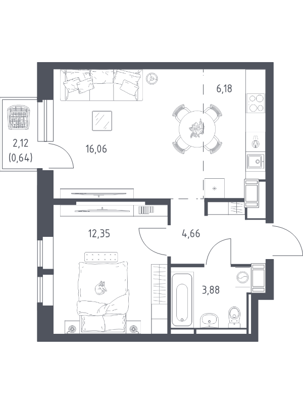 2 ккв (Евро) 43,8 м²