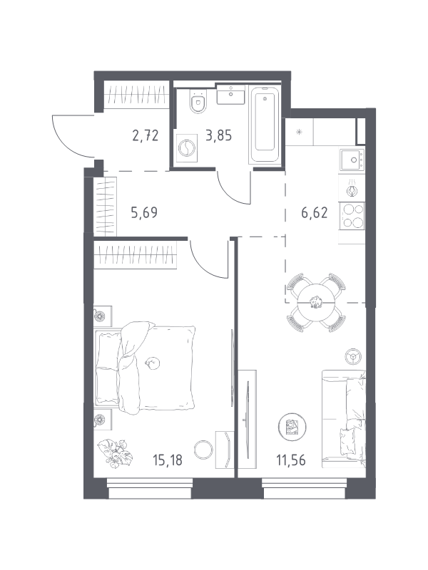 2 ккв (Евро) 45,6 м²