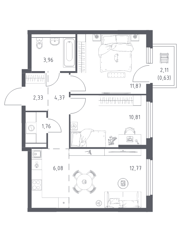 3 ккв (Евро) 54,6 м²