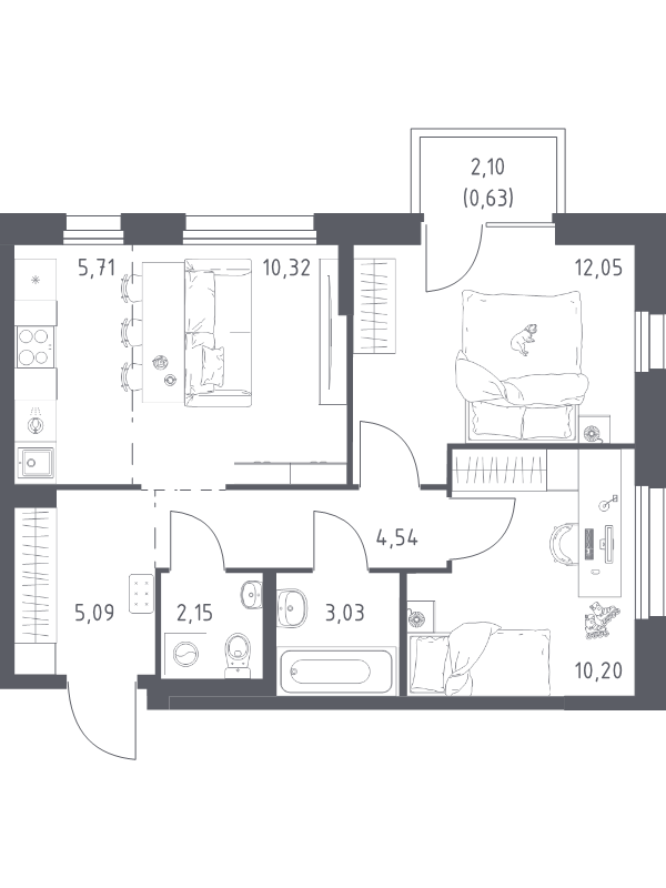 3 ккв (Евро) 53,7 м²