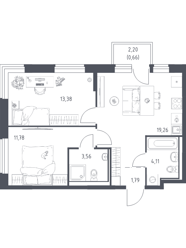 3 ккв (Евро) 54,5 м²