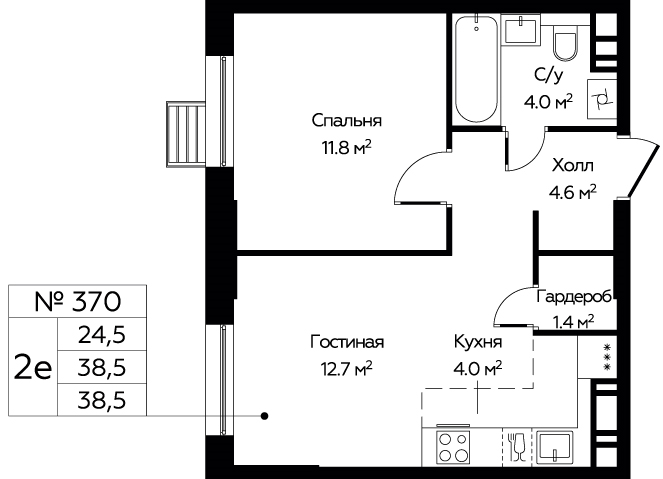 2 ккв (Евро) 38,4 м²