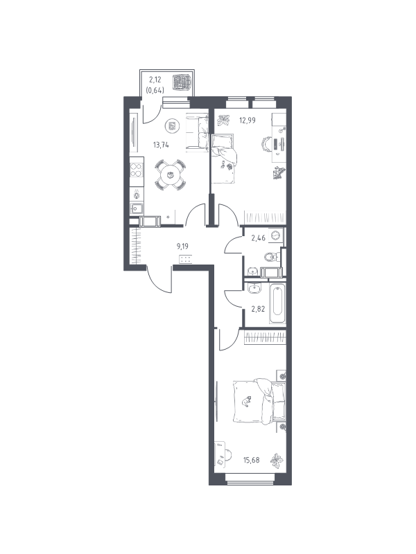 2 ккв 57,5 м²