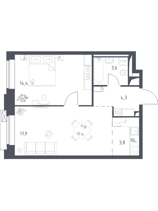 2 ккв (Евро) 43,9 м²