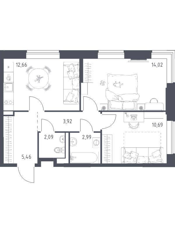 2 ккв 51,8 м²