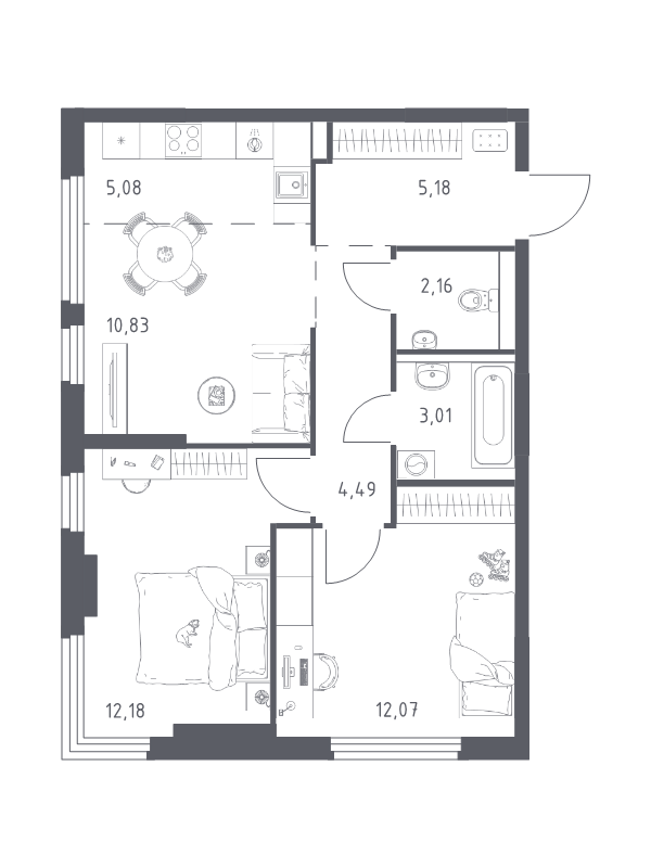 3 ккв (Евро) 55 м²