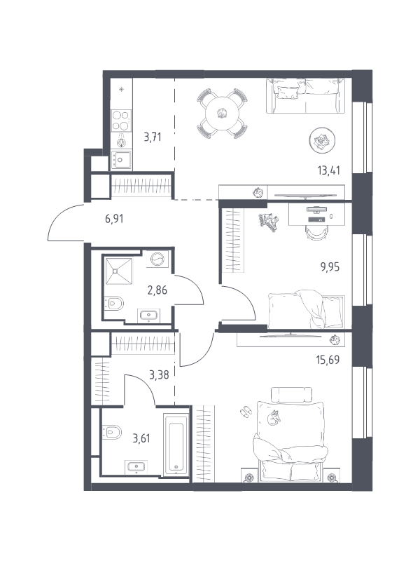 3 ккв (Евро) 59,5 м²