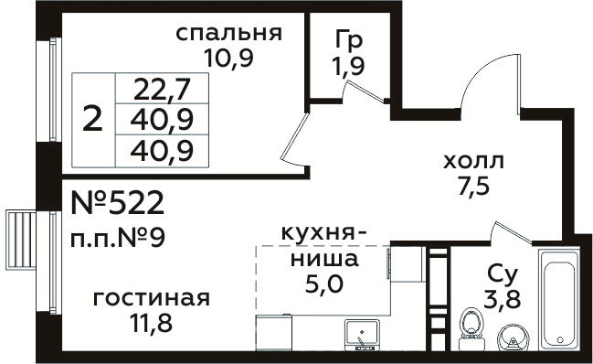 2 ккв (Евро) 40,9 м²