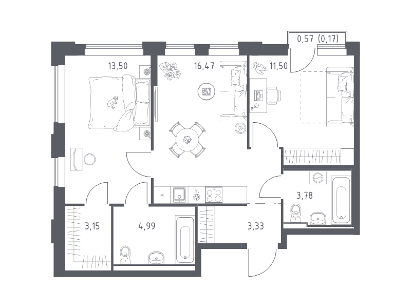 3 ккв (Евро) 56,9 м²