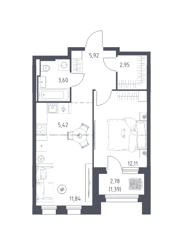 2 ккв (Евро) 43,2 м²