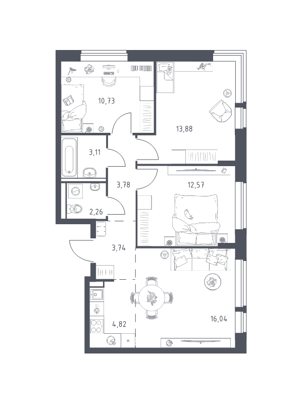 4 ккв (Евро) 70,9 м²