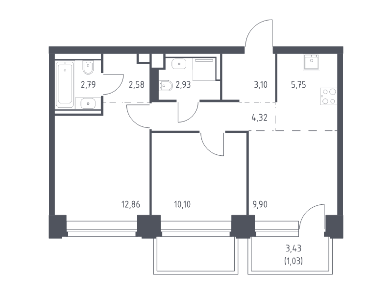3 ккв (Евро) 55,4 м²