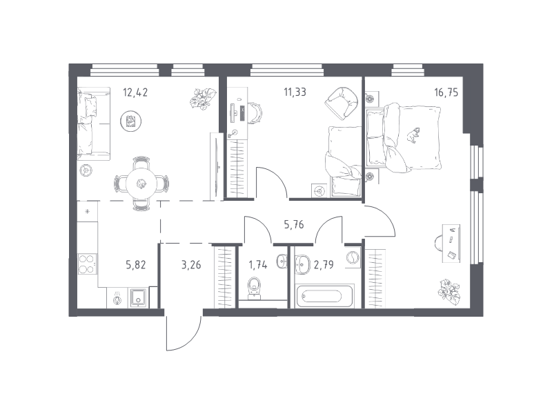 3 ккв (Евро) 59,9 м²