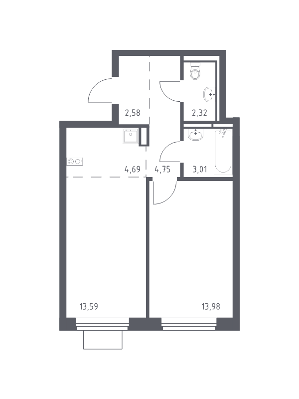 2 ккв (Евро) 44,4 м²