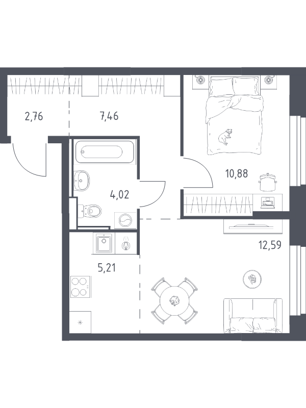 2 ккв (Евро) 42,9 м²