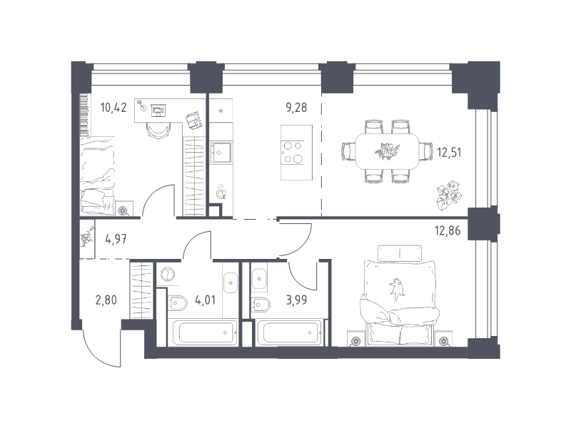 3 ккв (Евро) 60,8 м²