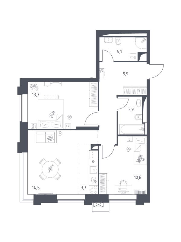 3 ккв (Евро) 59,9 м²