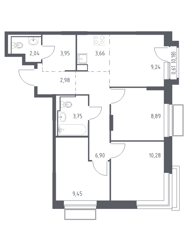 3 ккв 61,3 м²