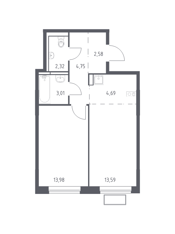 2 ккв (Евро) 44,2 м²