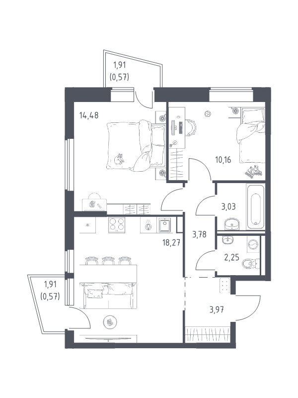 3 ккв (Евро) 57,1 м²