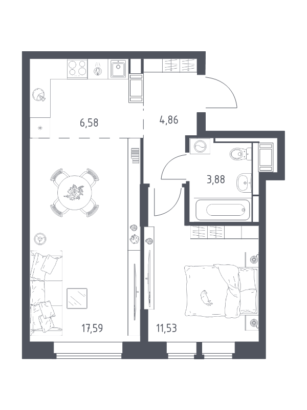 2 ккв (Евро) 44,4 м²