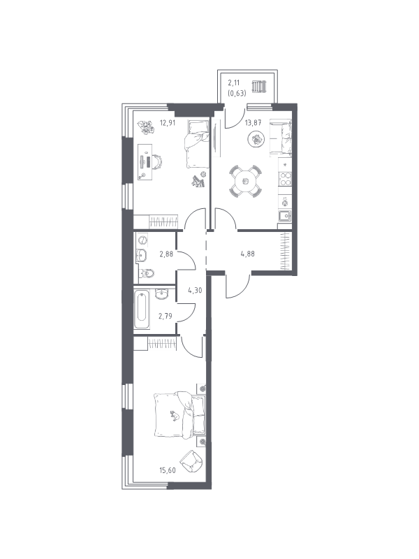 2 ккв 57,9 м²