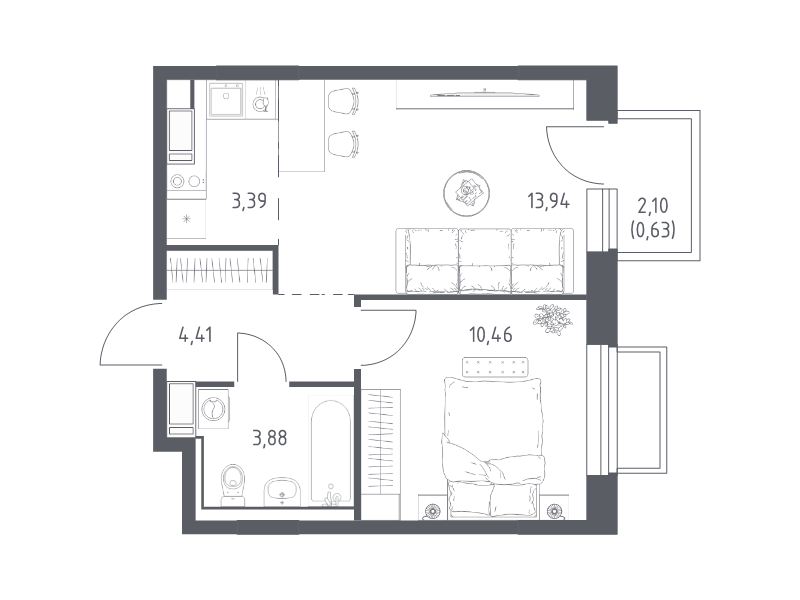 2 ккв (Евро) 36,7 м²